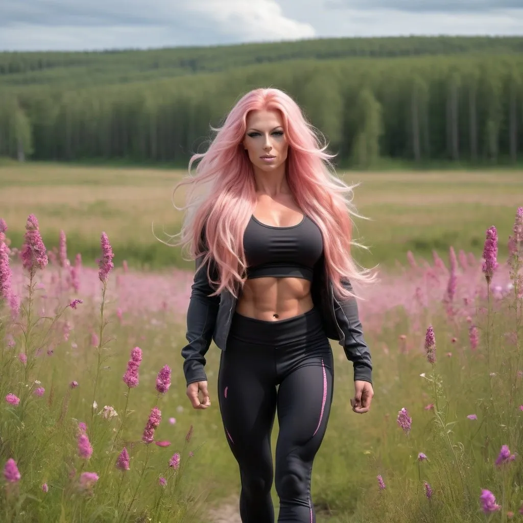 Prompt: Gorgeous ultra-muscular 25-year-old Finnish goddess bodybuilder with a huge busom and ridiculously long flowing pink hair (((blowing in the wind))), wearing yoga pants and crop top with jacket and inch stiletto high heel shoes, walking through a field of wild flowers 