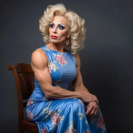 Prompt: portrait of a gorgeous muscular mature Russian drag queen bodybuilder with curly hair. She is wearing a blue dress with a floral pattern and her hair is styled in loose curls. The woman is sitting with her chin resting on her hand and is looking off to the side with a thoughtful expression on her face. The background is dark and cloudy, with small white dots scattered throughout. The overall mood of the image is contemplative and dreamlike.