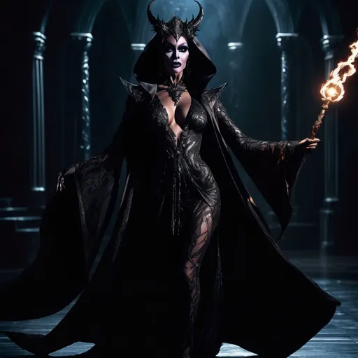 Prompt: Drag queen of darkness in battle apparel In long  medium dark black and dark grey robe with a long staff of magic , staff tip is dark grey and a dark black void.