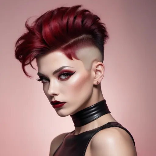 Prompt: side buzzed fade longer k-pop top cut with a dark red trendy moehawk, hair cut sample, fashion magazine, high focus on trendy hairstyle, gorgeous 30-year-old Czechian drag queen bodybuilder model with thick eyeshadow and dark red lipstick--ar 9:16 --v 6.0