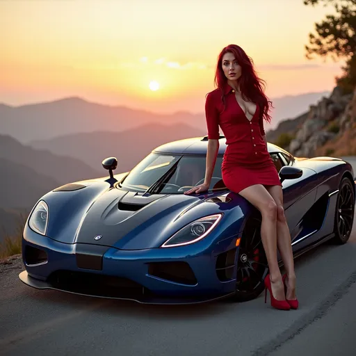 Prompt: A Indigo Koenigsegg CCXR Trevita Parked along a mountain road at the summit With a gorgeous muscular 25-year-old French drag queen with long luscious dark red hair (with a playful smile, wearing  fitted ruby red button-down shirt with deep V-neck to waist paired with  fitted ruby red A-line miniskirt and ruby red stiletto high heel shoes) Lean on the car body casually while the sun rises 
Cinematic lighting with a soft, golden glow, evoking a Hollywood-style atmosphere
