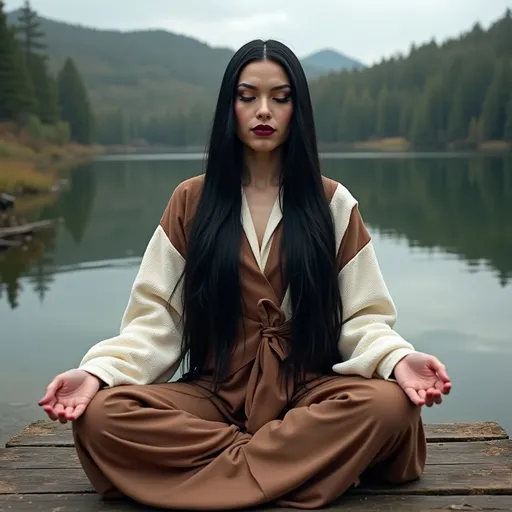 Prompt: Gorgeous ultra-muscular25-year-old Swedish drag queen with long straight shiny black hair, meditate, wisdom, Brown and white robes, laidback relaxed, dark heavy mascara, dark red lipstick. Meditating in a serene wilderness setting by a lake.