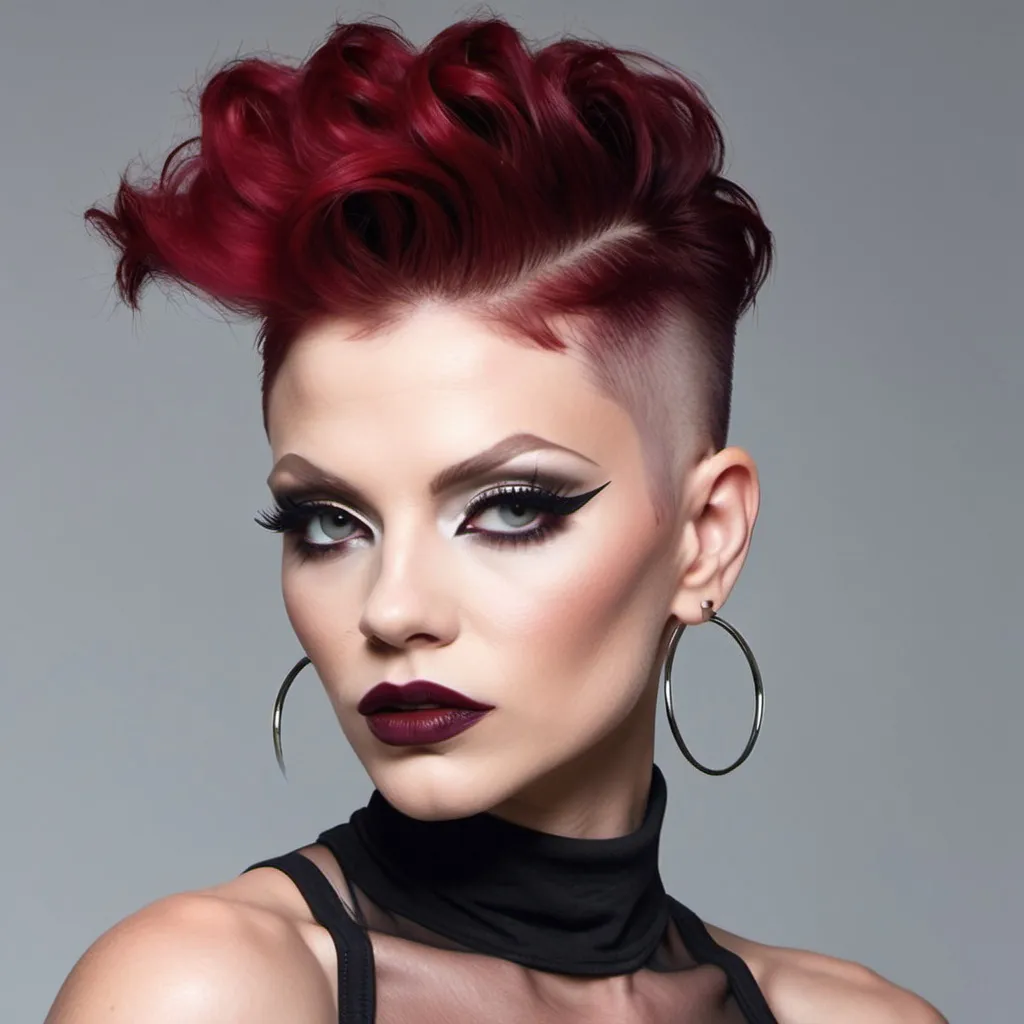 Prompt: side buzzed fade longer k-pop top cut with a dark red trendy moehawk, hair cut sample, fashion magazine, high focus on trendy hairstyle, gorgeous 30-year-old Czechian drag queen bodybuilder model with thick eyeshadow and dark red lipstick--ar 9:16 --v 6.0