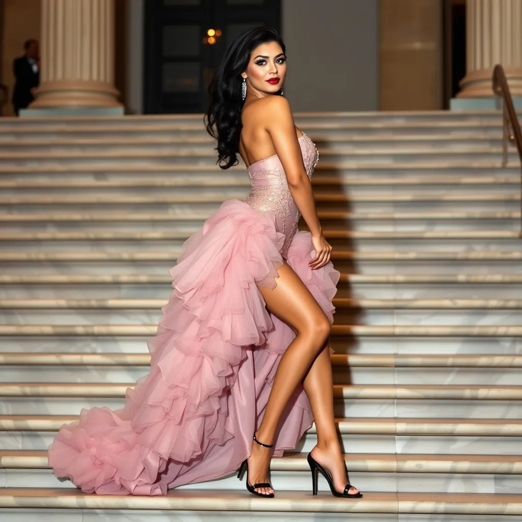 Prompt: Ultra-muscular Chanel Santini dressed in a gorgeous Bob Mackie gown and 8 inch stiletto high heel shoes.  Smoky eye shadow and dark red lipstick.  Posing on the stairs of  the Met.