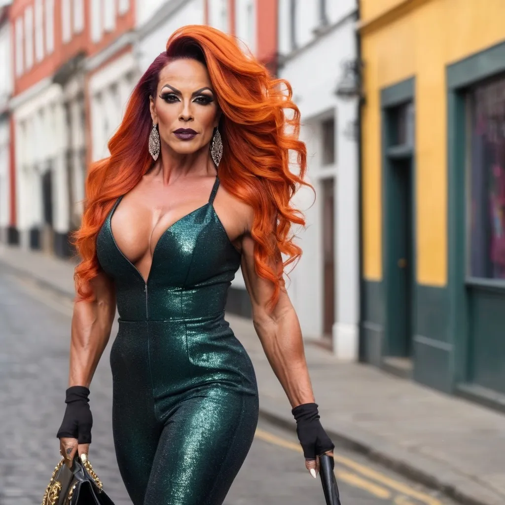 Prompt: A gorgeous muscular 35-year-old Portuguese drag queen bodybuilder with big busom, dark eyeshadow, dark lipstick, 
and long burnt orange hair walking down the high street, colorful detailed clothing, realistic, natural lighting