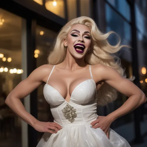 Prompt: A glamorous Gorgeous, very muscular 21-year-old olive-skinned Russian drag queen (with strong masculine facial features, dark lipstick, large busom, long blonde hair), laughing and radiating joy, stands outdoors, her flowing white dress billowing around her in a playful moment. The scene captures a lively nighttime atmosphere, highlighted by dim lights reflecting off the glass storefront behind her, suggesting a bustling urban backdrop. Her vibrant expression combines happiness and a touch of mischief, with the soft play of light accentuating her figure and the delicate fabric of her dress. The monochromatic tone emphasizes the classic elegance of the scene, evoking a nostalgic charm that invites viewers to appreciate both the spontaneity of the moment and the timeless glamour she embodies.