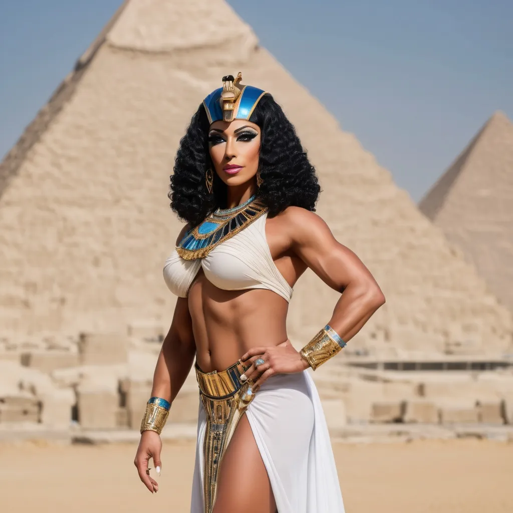 Prompt: A stunning portrait of gorgeous muscular 35-year-old Egyptian drag queen bodybuilder Cleopatra, the Queen of Egypt, depicted with regal elegance and beauty. Standing majestically before the Great Pyramids of Giza



