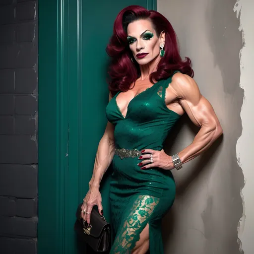 Prompt: A gorgeous muscular 45-year-old French drag queen (masculine jawline and brow features) bodybuilder with dark eyeshadow, 
dark red lipstick, long graying dark red hair, leaning against a wall with her hand on her hip and a purse on her hip, leaning against a wall, wearing a stylish emerald green lace dress and heels