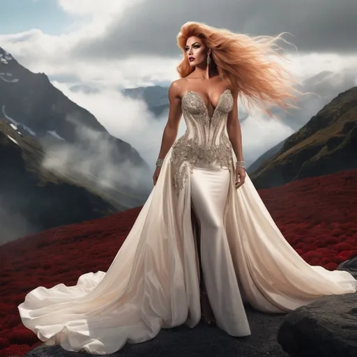 Prompt: (A thre quarter body image) a very masculine, yet gorgeous muscular 35-year-old French drag queen bodybuilder (big busom, dark eyeshadow, dark lipstick, long flowing strawberry-blonde hair) wearing an ivory wedding gown on the top of an high mountain. surreal  with mist
Dreamy, mythical, fairyland-like, soft and romantic
Splash art, hyper detailed, ultra realistic, highly detailed. Perfect studio lighting, perfect shading, impeccable contrast, HDR, UHD, high res, 64k