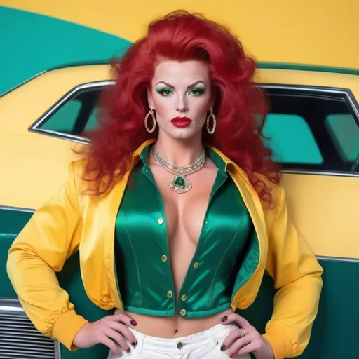 Prompt: Gorgeous ultra-muscular 25-year-old Swedish drag queen bodybuilder with big busom, ((ridiculously long thick curly teased red hair)) and emerald green eyes, mint 80s style jacket with sleeves rolled up, yellow blouse, white denim shorts, white stiletto high heel sneakers, detailed oval face, gold pendant with sapphire gem, (head tilted back, laughing) Patrick Nagel style, high-res, realistic digital render, 8k photographic image, detailed eyes, professional, atmospheric lighting, fashionable, 80s retro, vibrant colors, classic car backdrop, bosomy physique
