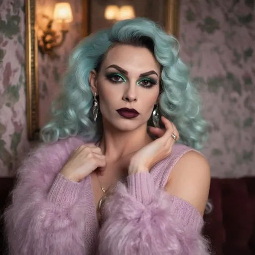 Prompt: Gorgeous muscular 35-year-old French drag queen (with very strong masculine jawline and brow facial features) with large busom and long curly silver hair, in a modern home, against a wall with wallpaper and furniture background, wearing long cable knitted angora mohair sweater , (extremely fluffy:1.8) angora mohair sweater, from side, looking at viewer, smile, (full lips:1.8), dark red lipstick, dark eyeliner, dark makeup, 8k, very detailed, green eyes, very detailed eyes,
source_real, raw, photo, amateur, french drag queen, Close-Set Eyes, [eyecolors violet], full lips, high cheekbones, weak receding chin, burgundy, lob, light blue, lip gloss, __15JeweleryMaterials__ __14Piercing__, large busom,  gorgerous, outdoor, portrait, , highly detailed, detailed skin, depth of field, film grain
(photorealistic) (bokeh) (intricate details) (cinematic lighting) (sharp focus)
