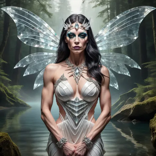 Prompt: Abstract image of a beautiful muscular 35-year-old faerie drag queen with marble skin cracking and breaking away holding an elegant gem-studded sword horizontally in one hand as she stand submerged in a forest mountain lake. Large symmetrical moth wings folded around herself.  Arms crossed in front of a gown of quartz crystals. In an armory.