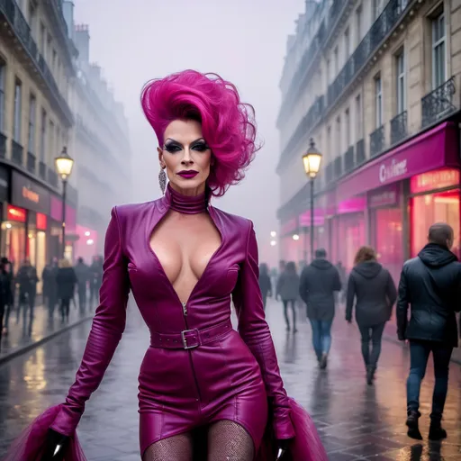 Prompt: Mysterious, Tall, gorgeous, muscular, 45-year-old French drag queen with salt & pepper stylish hair, dark eyeshadow,  and dark red lipstick, wearing a beautiful magenta outfit and 8 inch stiletto red thigh-high stiletto high heel boots, walking the streets of Paris on a foggy evening.