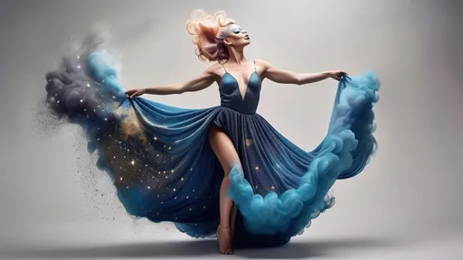 Prompt: a stunning depiction of a gorgeous 25-year-old Swedish drag queen dancer whose flowing movements create beautiful, swirling galaxies. The dancer's form and dress are painted with stars and cosmic dust, illustrating the harmony between human expression and the universe. Light background