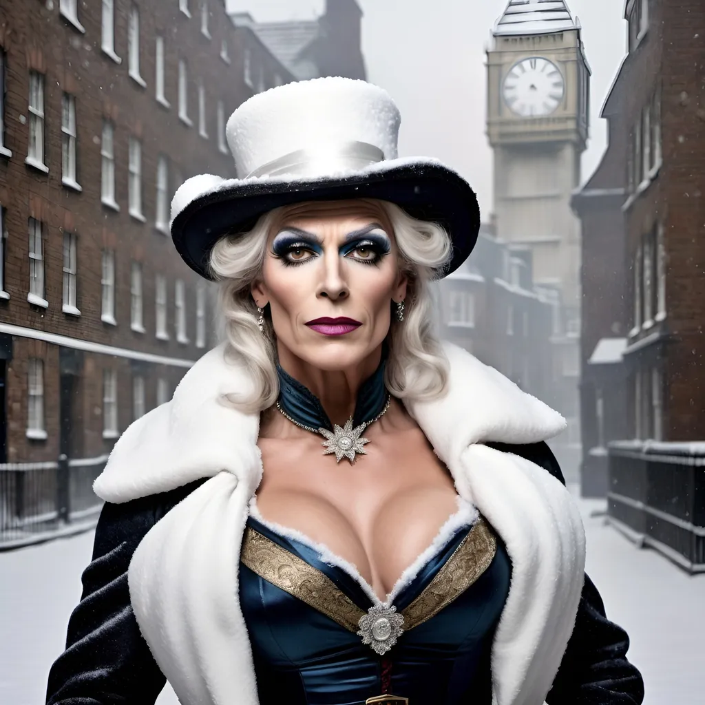 Prompt: What if Ebenezer Scrooge was a gorgeous muscular 45-year-old (19th century) drag queen. Posing in snow covered 19th century London. 