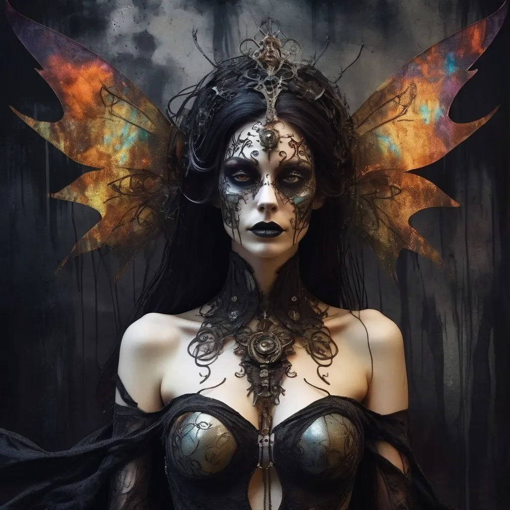 Prompt: Eclipsed drag queen Phoenix" – Gothic calligraphy, holographic metallic ink on aged parchment, hyper-realistic 3D rendering, high dynamic range. A dark fantasy steampunk specter, untamed spirit, spectral graffiti art, deep-shadow forest with dystopian overgrowth, misted mural-like textures, fluid ink wash with iridescent overlays, textured brushstrokes. A skeletal wraith, enshrouded in twilight, kneeling in despair—hunched, sorrowful. Decayed, necrotic wings unfurl in eerie symmetry, smoldering with embers of rebirth. Silken, knee-length obsidian hair streaked with ember glow, caught in spectral winds. Wears a semi-transparent, charred bodysuit interwoven with ethereal veils of layered, ember-flickered fabric. Wilted, translucent wildflowers scatter behind her, floating like forgotten memories. Intense contrast, melancholic solitude, shadow-drenched rainfall. Retro-futuristic steampunk noir poster design by "Vasagralem"