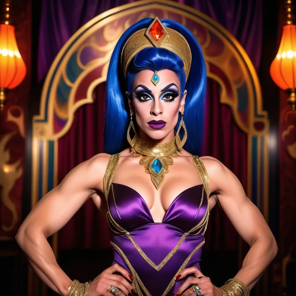 Prompt: If Aladdin was a gorgeous muscular 25-year-old drag queen with Dark eye makeup and dark lipstick. Wearing 8 inch stiletto high heel shoes.