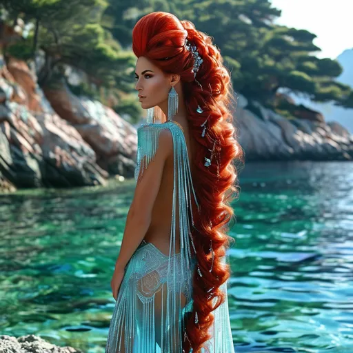 Prompt: Mystical, Gorgeous muscular 30 year old Greek Goddess bodybuilder with long red updo hair,  huge busom, looking over the Greek isles. Mytical scenery. Long beautiful ethereal gown, 8 inch high heel shoes. Crystal ultrablue water, beautiful green landscaped beach islands.