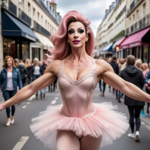 Prompt: Gorgeous, muscular, 35-year-old, French drag queen ballerina with large busom, dancing down the high street, detailed clothing (leotards and tutu), realistic, natural lighting View fullbody