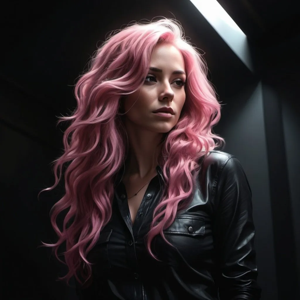 Prompt: low-angle of digital painting of a gorgeous 35-year-old with ridiculously long wavy pink hair in a dark room, black wall , sunlight streaming through a window, black hair, black shirt, leather pants, ,achromatic colors, 4k, high resolution, art photography, modeling pose, intense lighting, dramatic shadows, professional, detailed, atmospheric lighting