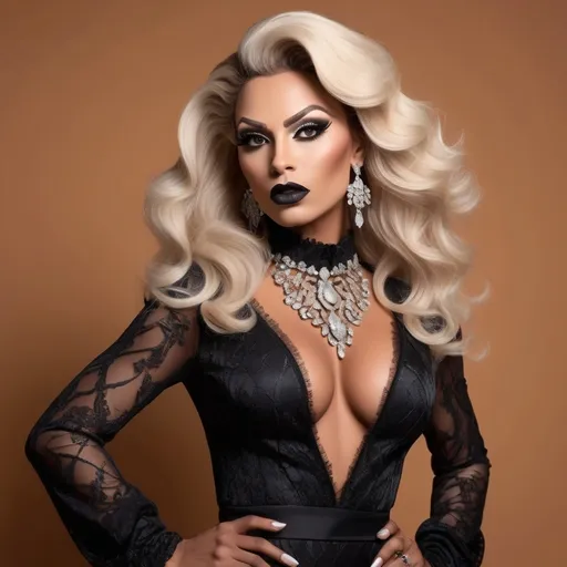 Prompt: With a striking presence, the Gorgeous, very muscular, suntanned, 30-year-old, suntanned, French drag queen (with strong masculine facial features, dark lipstick, huge busom, blonde hair) exudes confidence in an intricately designed gown featuring a blend of black lace against a off-white backdrop, highlighted by elaborate patterns. The outfit’s deep neckline and long sleeves create a dramatic silhouette, while bold, glamorous makeup accentuates their features — notably, sweeping eyeliner and vibrant lip color. Flowing, voluminous blonde curls frame the face, complemented by eye-catching diamond earrings and a statement necklace that add to the overall opulence. Set against a warm, terracotta wall, the environment suggests a stylish, artistic space, enhancing the fashion-forward aesthetic and celebratory mood of the scene.