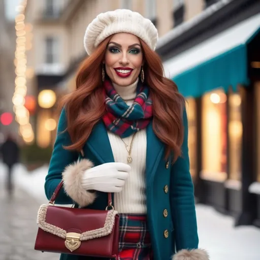 Prompt: (photorealistic) glamour shot of a (gorgeous muscular 35-year-old French drag queen fashion model), walking gracefully on a snow-covered high street, adorned for winter holidays. She has (long dark red tresses), (gorgeous yet masculine facial features), (large busom), wearing a white beret, (teal cable knit sweater, long belted suede skirt with fringe trim), fur trimmed boots, tartan wool scarf, white gloves, carrying a stylish leather purse, (bright engaging smile showing her perfect teeth), sparkling festive lights twinkling in the blurred background, (vibrant colorful scene) evoking (sophisticated elegance), (high detail & quality), (8k), (professional photography), warm and cheerful ambiance, warm professional floodlighting showcasing the vibrant colors of her stylish fashionable outfit.