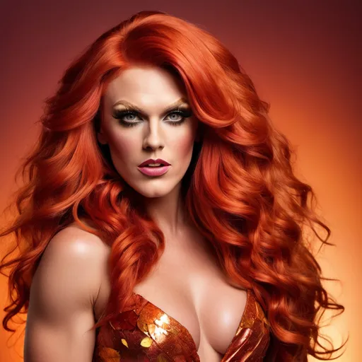 Prompt: Picture of Greg Davies dressed up as a huge busomed Gorgeous 25-year-old Czechian bodybuilder drag queen with ridiculously long fiery red hair cascading down her shoulders in loose waves, reminiscent of the vibrant hues of autumn leaves. Her hair, like a blazing sunset, frames a face adorned with delicate features. High cheekbones, a pert nose, and full lips painted in a bold shade of red that matches the intensity of her hair.

Her eyes, a mesmerizing shade of emerald green, sparkle with mischief and curiosity, framed by thick lashes that flutter like the wings of a butterfly. She has an air of confidence about her, carrying herself with the effortless grace of a dancer on a dimly lit stage.

Dressed in the fashion of the 1980s, she wears a vintage-inspired ensemble that effortlessly blends bold patterns and vibrant colors. A cropped leather jacket adorned with studs and patches adds a touch of rebelliousness to her look, while a flowing skirt in a riot of floral prints sways with every step she takes.

Her accessories are eclectic and eye-catching, from oversized hoop earrings that glint in the neon lights of the city to a stack of bangle bracelets that jingle softly with her movements. On her feet, she wears a pair of 8 inch stiletto high heel shoes that give her an added boost of confidence as she struts down the bustling streets of the urban landscape.

There's an undeniable magnetism to her presence, a combination of beauty, charisma, and a hint of mystery that draws people in like moths to a flame. She embodies the spirit of the 1980s, a time of bold fashion choices, vibrant personalities, and an unapologetic zest for life.  you can see her  figure