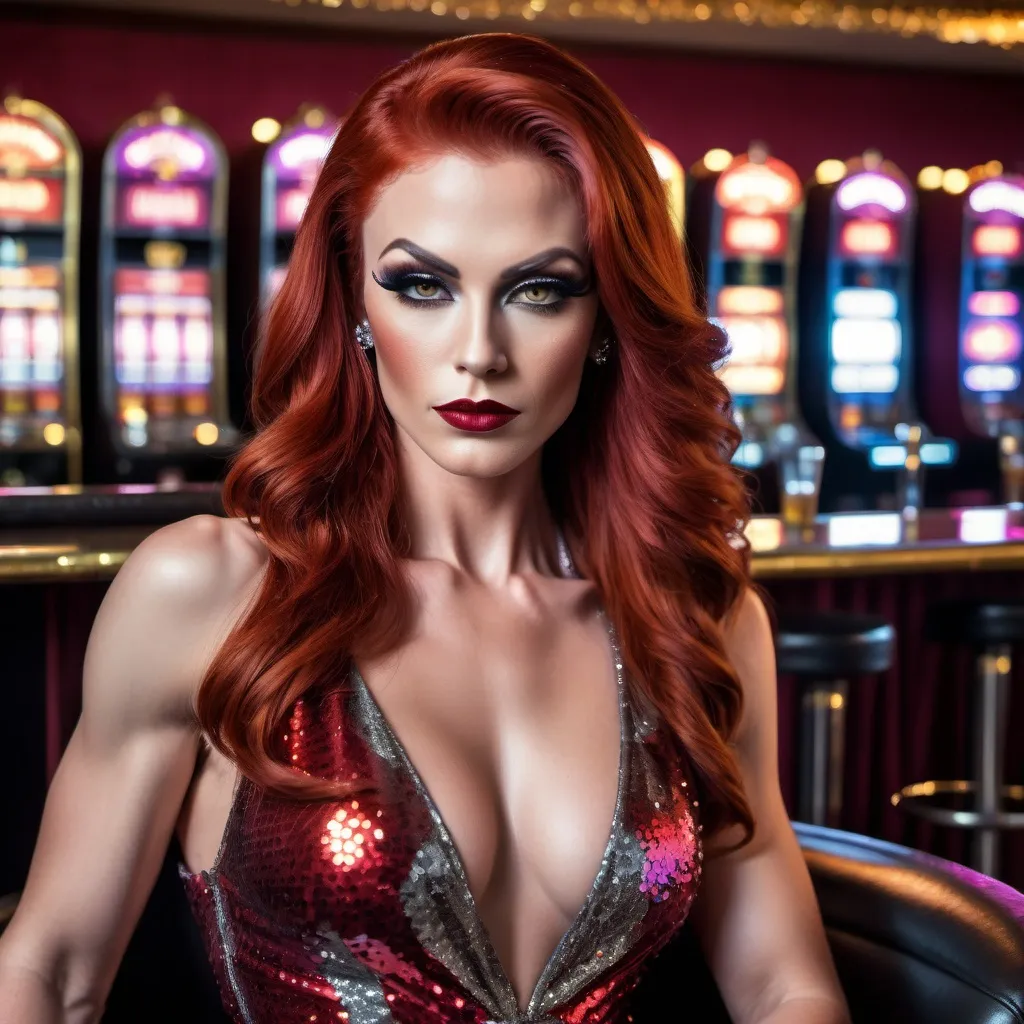 Prompt: Gorgeous, muscular, transwoman showgirl (with very strong masculine jawline and brow) with long luscious bright red hair, dark eye makeup,  and dark lipstick wearing a beautiful designer sequined gown and heels. Sitting confidently at the bar in a casino. 