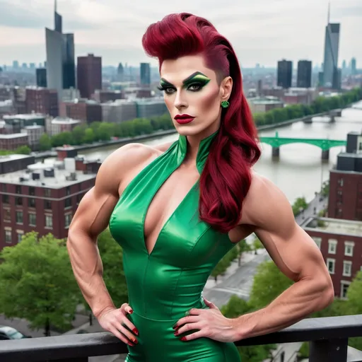 Prompt: A handsome man is dressed up as a Gorgeous muscular 25-year-old Belgian drag queen (strong masculine jawline and brow) with very long dark red tight updo hair in a green outfit and 8 inch stiletto high heel shoes, with a cityscape background, Erlund Hudson, transgressive art, promotional image, a character portrait