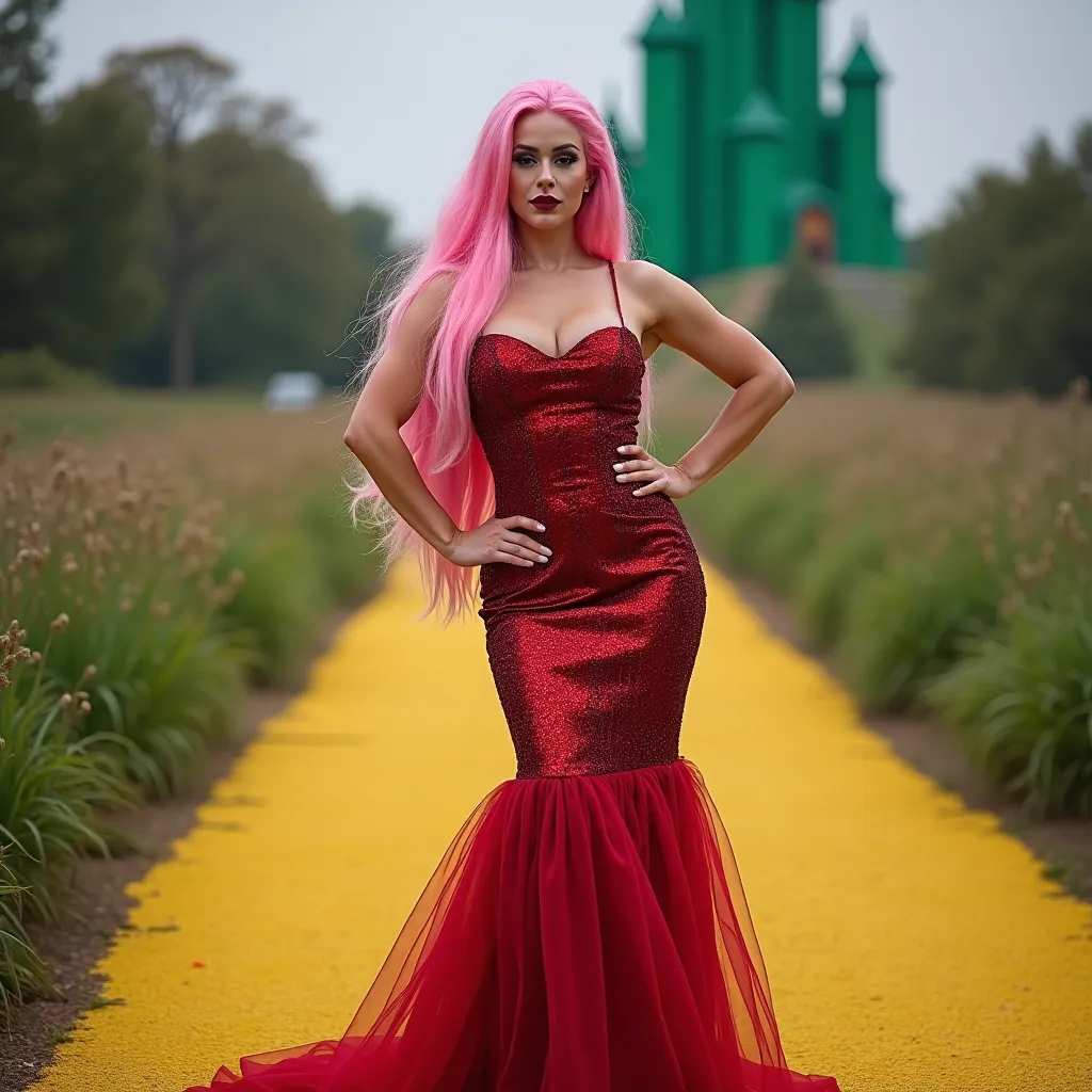 Prompt: Gorgeous ultra-muscular 25-year-old Swedish drag queen bodybuilder with long styled dark pink hair dressed as Glinda the Good witch of the north with a beautiful gown on, dark smokey eyeshadow, 
Heavy mascara,  dark red lipstick posing at the yellow brick road with Oz in the background.