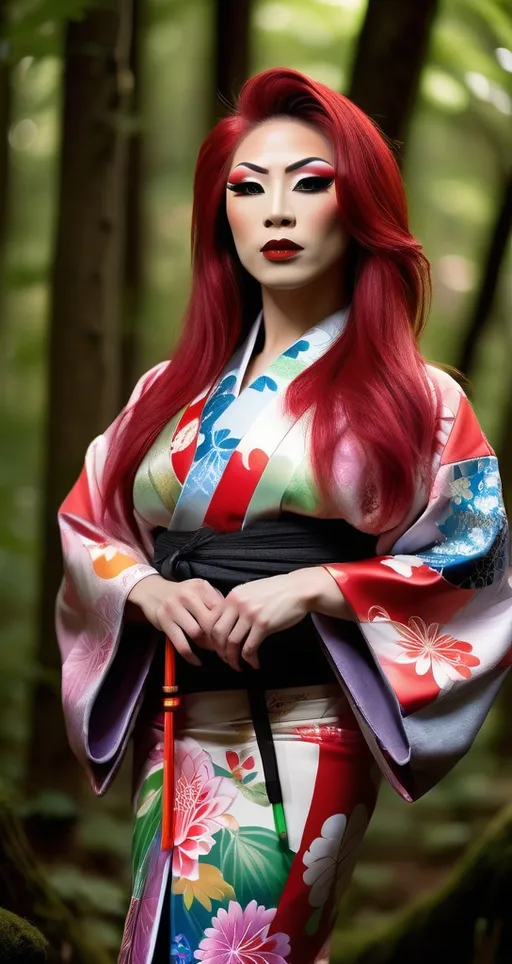 Prompt: Full body gorgeous ultra-muscular 25-year-old Japanese drag queen bodybuilder in a kimono, serene forest setting, traditional Japanese art style, long red hair, vibrant colors, detailed floral patterns, soft and natural lighting, detailed facial features, dark smoky eyeshadow, heavy mascara, dark red lipstick, peaceful atmosphere, high quality, traditional, serene forest, detailed kimono, vibrant colors, Japanese art style, 25-year-old, detailed facial features, natural lighting