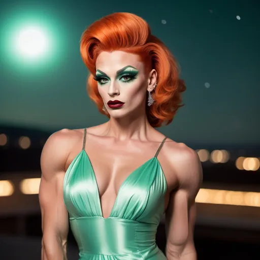 Prompt: James Cagnet dressed up as a Gorgeous ultra-muscular 25-year-old Czechian drag queen bodybuilder with short spiked swept Orange hair wearing a mint green flowy gown, dark eye shadow, heavy mascara, and dark red lipstick, staring at the stars in the sky and feeling content.