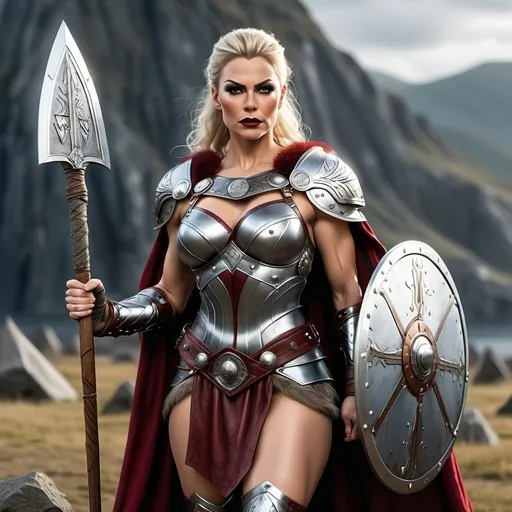 Prompt: Generate a highly photorealistic portrait full body shot of a gorgeous muscular 35-year-old Viking Valkyrie drag queen (strong masculine jawline and brow features) with large busom, holding a magical spear, silvery viking armor with runes, dark red lipstick, thick legs, over knee boots. She is looking down while standing. She is standing in an ancient Viking city.