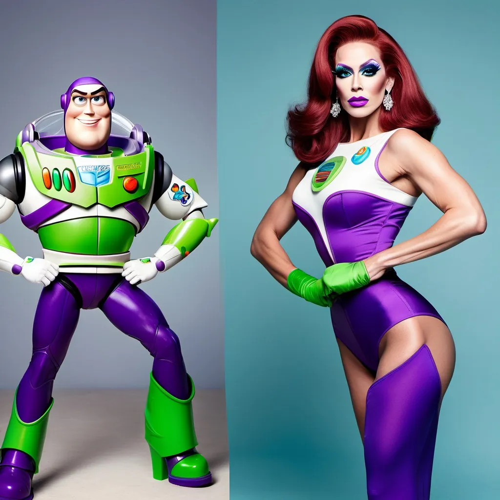 Prompt: If Buzz Lightyear was a gorgeous supermodel drag queen (full length photo) with long muscular legs and a very muscular physique