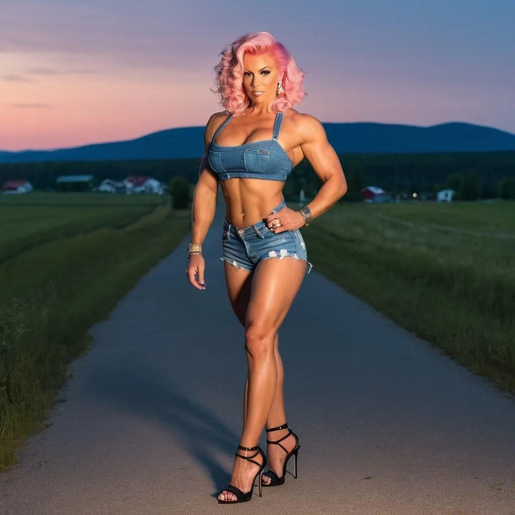 Prompt: Gorgeous ultra-muscular 25-year-old Finnish goddess bodybuilder with huge busom and short wavy pink hair wearing Daisy Dukes, a tube top, and eight inch stiletto high heel shoes and walking through rural town at dusk