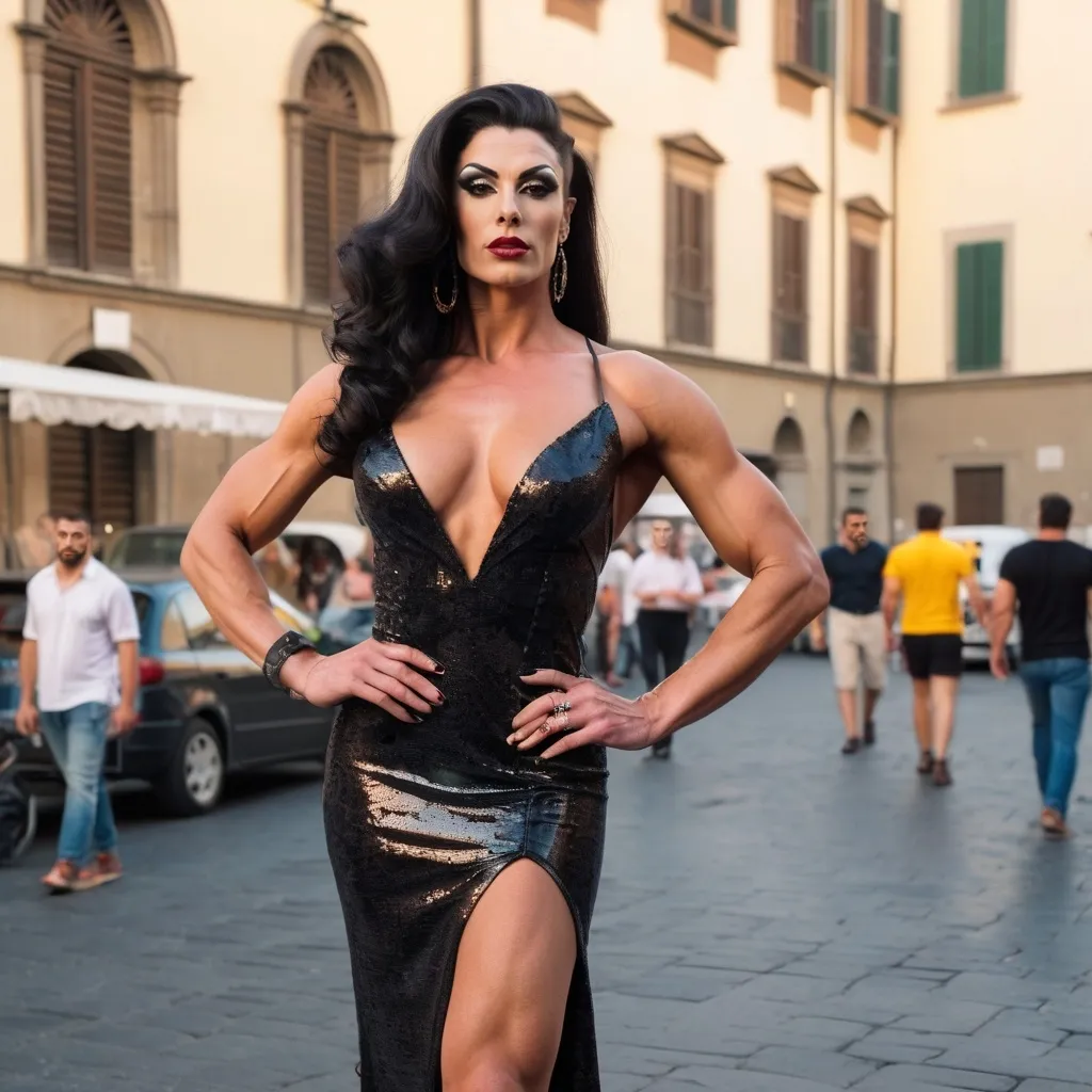 Prompt: Front view of an 27-year-old, muscular, gorgeous Italian drag queen bodybuilder (very strong masculine jawline and brow features) wearing a Italian designed dress and 8 inch stiletto high heel shoes. Hanging out on the streets of Florence, Italy at sunset..