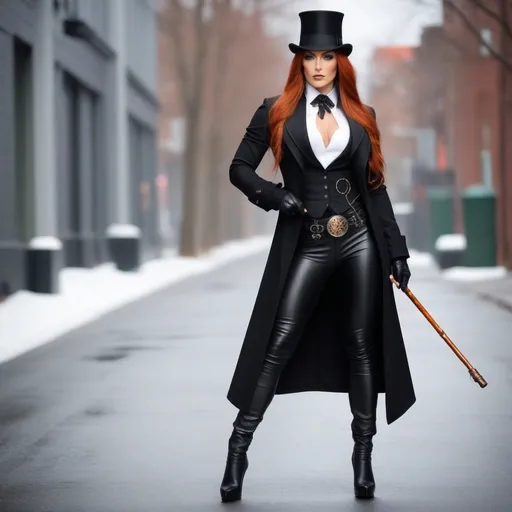 Prompt: A gorgeous ultra-muscular 25-year-old Finnish goddess bodybuilder wearing a long black coat, with a black waistcoat and a white shirt, unbuttoned at the top . She's wearing a slightly crumpled top hat and has ridiculously long dark orange hair. She carries a walking cane with a red crystal, round handle. She has green eyes. In the style of gothic & steam punk. She is about 25 years old. wearing a heavy, black coat, black pants, and 8 inch high heel shoes. Composition focus on legs and full-body. 