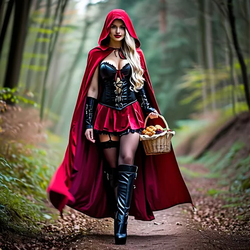 Prompt: Gorgeous muscular 25-year-old Finnish goddess bodybuilder with huge busom and ridiculously long platinum blonde wavy hair dressed as little red riding hood with a hooded cape, a cute short ruffle skirt, tight corset, thigh-high sheer nylon stockings, and 8 inch stiletto high heel shoes. Wearing smokey eye shadow, mascara and dark red lipstick. Walking a path through the forest carrying a basket of food.