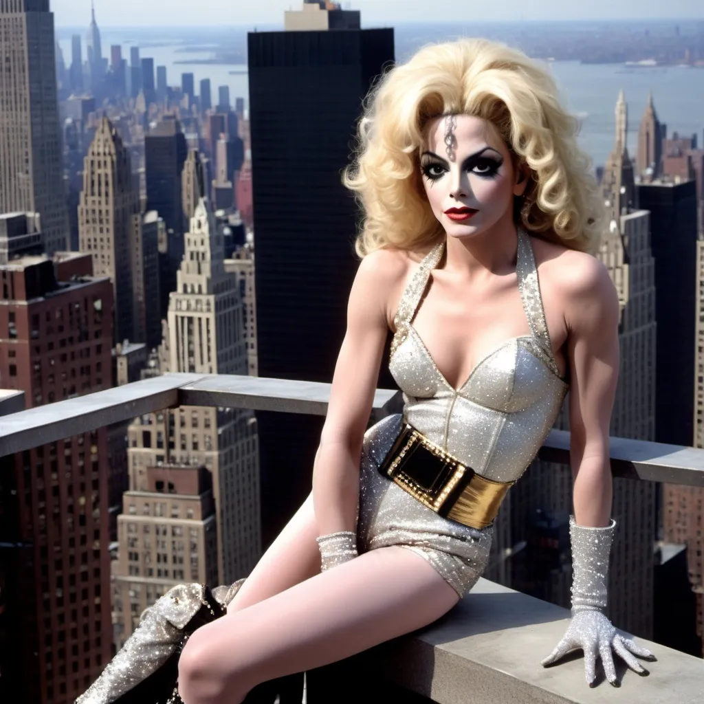 Prompt: Michael Jackson dressed as a 25-year-old gorgeous drag queen Madonna posing on the ledge of a building, high above NYC.