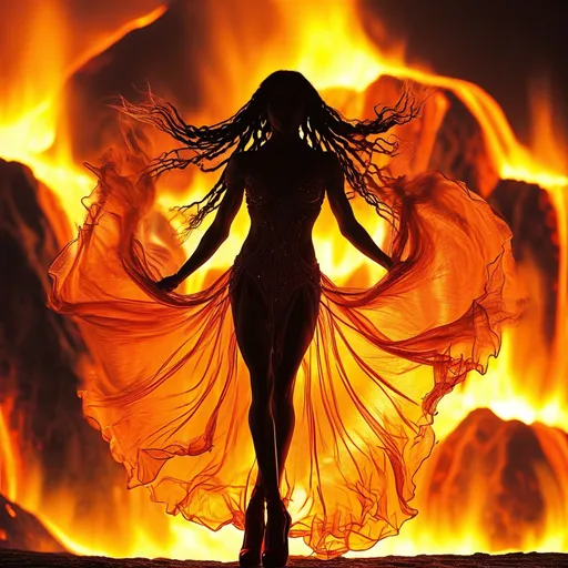 Prompt: very muscular dancing female, dancing on fire, silhouette, lava, long flowing fire gown, very well endowed, long wavy fiery hair, long muscular legs, 8 inch stiletto high heel shoes, very muscular dancing female, mystical background, 