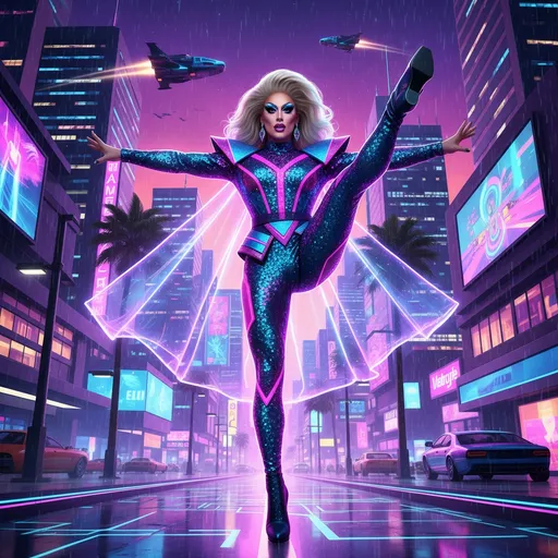 Prompt: A beautiful, muscular, 35-year-old British drag queen (strong masculine jawline and brow features) in a dynamic pose in a retro futuristic synthwave cyberpunk neon paradise.  neon lighting, synthwave, cyber, retro, futuristic