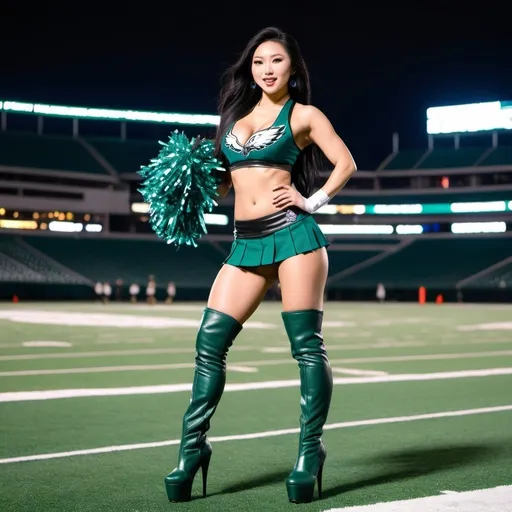 Prompt: Gorgeous ultra-muscular 25-year-old Chinese goddess with huge busom and long straight black hair dressed as a Philadelphia Eagles Cheerleader wearing eight inch stiletto thigh-high high heel boots and dancing on a football field at night.