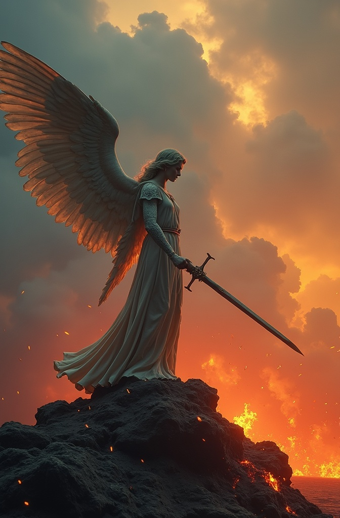 Prompt: An angel with sword standing on a hill over Hell burning with lava Seas 