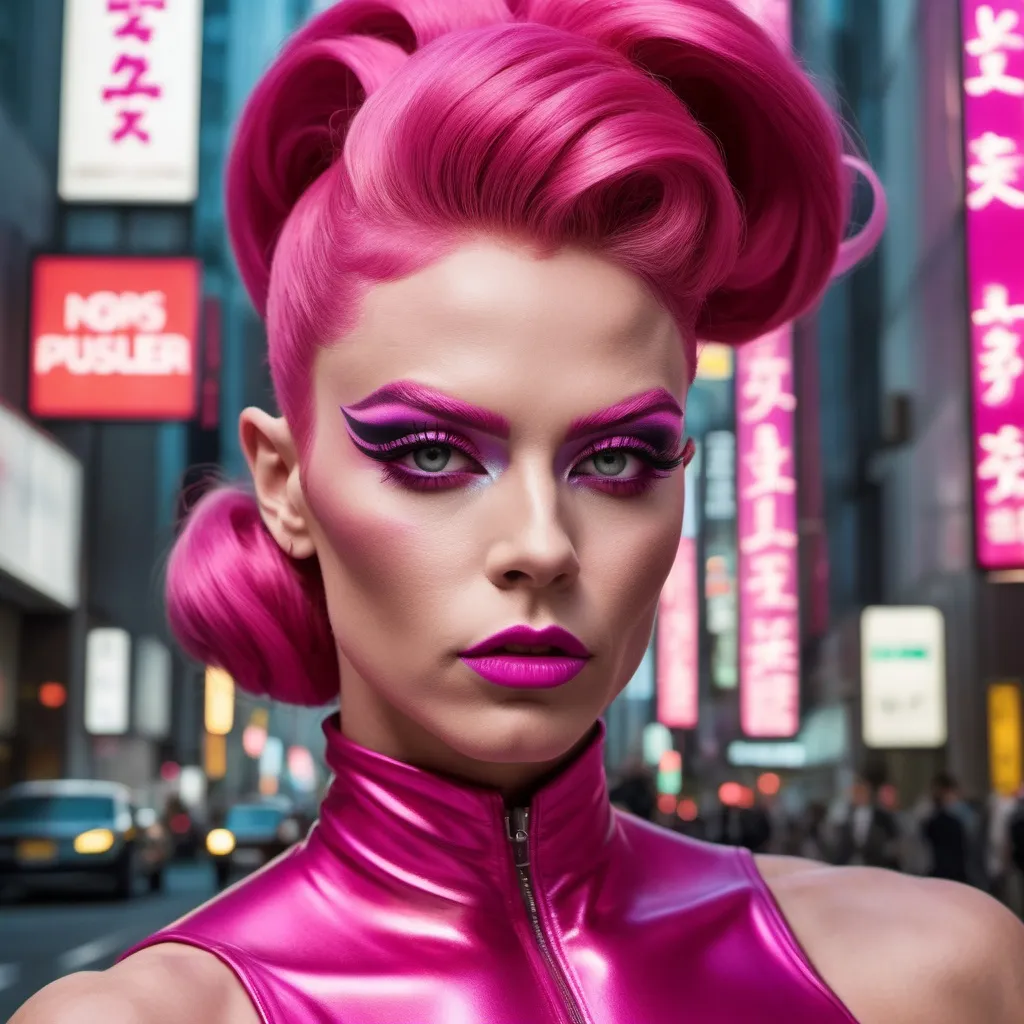 Prompt: Gorgeous ultra-muscular 25-year-old Swedish drag queen bodybuilder with long flowing fuscia updo stylish hair wearing Mugler in a futuristic Tokyo imagined by Wes Anderson