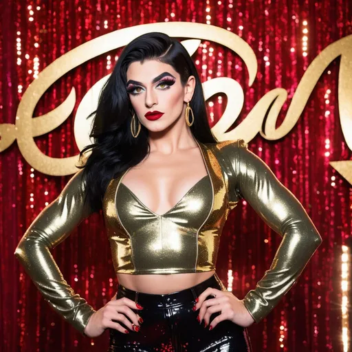 Prompt: Striking a confident pose in front of a vibrant backdrop adorned with red sparkles and bold lettering, a Gorgeous, very muscular 21-year-old olive-skinned French drag queen (with strong masculine facial features, dark lipstick, large busom, long, straight, shiny black hair) captivates attention in an eye-catching ensemble. She wears a soft gold crop top that highlights her figure and features a statement piece of jewelry—a chain with a decorative element that draws the eye to her midsection. Her high-waisted, distressed jeans add a casual edge to the look, emphasizing her long legs, which are adorned with stylish, intricately designed 8 inch stiletto high heel shoes. The atmosphere reflects a glamorous event, blending sophistication with daring style.