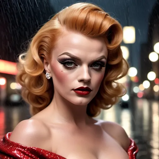 Prompt: James Cagney dress as A hyper realistic flawless 25-year-old gorgeous Austrian drag queen bodybuilder with strawberry-blonde hair walking the streets as a classy debutante on a dark and rainy night. Heavy eye makeup. Dark red lipstick.