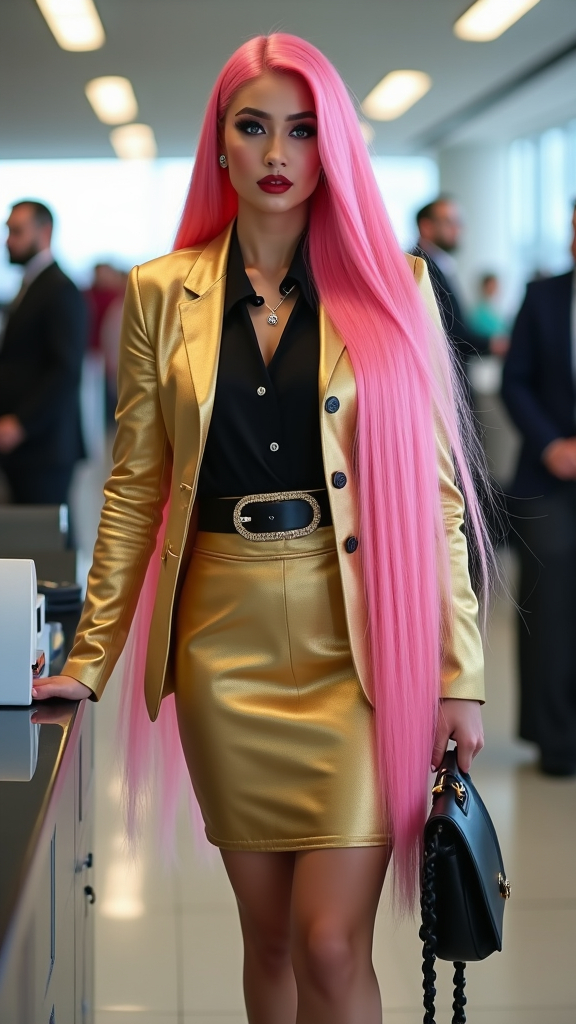 Prompt: Gorgeous ultra-muscular 25-year-old Pakistani drag queen bodybuilder with ridiculously long straight shiny pink hair, wearing gold blazer, light black blouse, gold pencil skirt, black leather belt and 8 inch stiletto high heel wrap around sandals, darke eyeshadow, darke red lipstick, standing at airport ticket counter, high-res, pro photo, airport setting, sophisticated, blue-eyed, chic outfit, professional, natural lighting, sharp focus, muscular physique, high detail, high quality