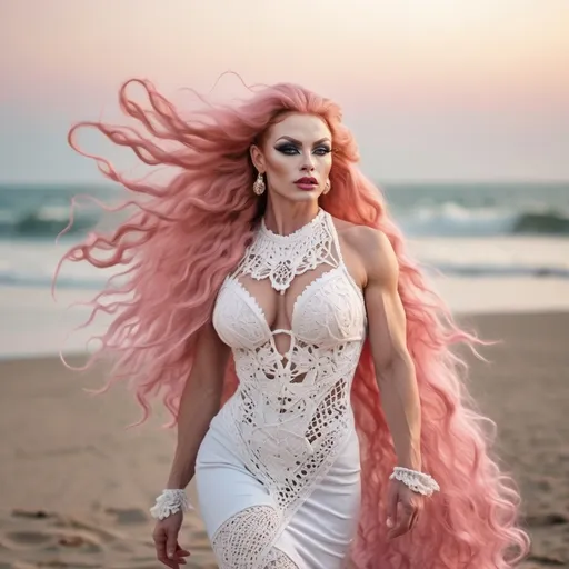 Prompt: Haute couture fashion full-length photoshoot of a gorgeous ultra-muscular 25-year-old Russian drag queen bodybuilder model, big busom, dress with crochet and macrame, white color, ridiculously long pink wavy hair ((((blowing in the wind)))), beach background, snapshot aesthetic, luminous skies, Canon EOS R7, detailed textiles, exquisite craftsmanship, high fashion, professional lighting, dreamlike, detailed facial features, detailed textiles, folk theme