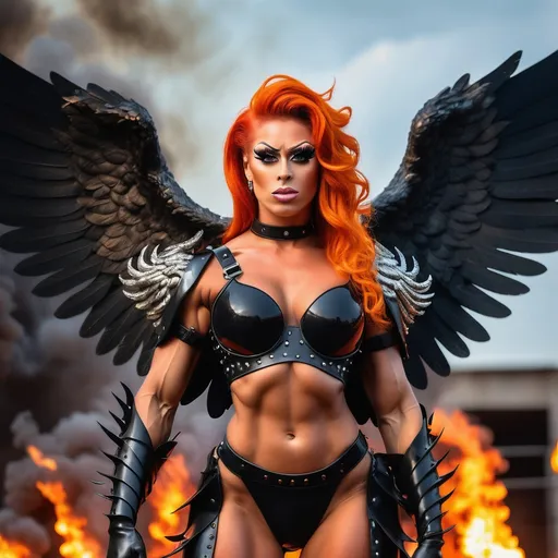 Prompt: Hot 25-year-old Czechian drag queen pyromaniac bodybuilder with a big rack. Modest clothing. Flaming fiery hair, wearing black armor with breastplate. Flaming Fiery angel wings. Fiery ruins behind her.