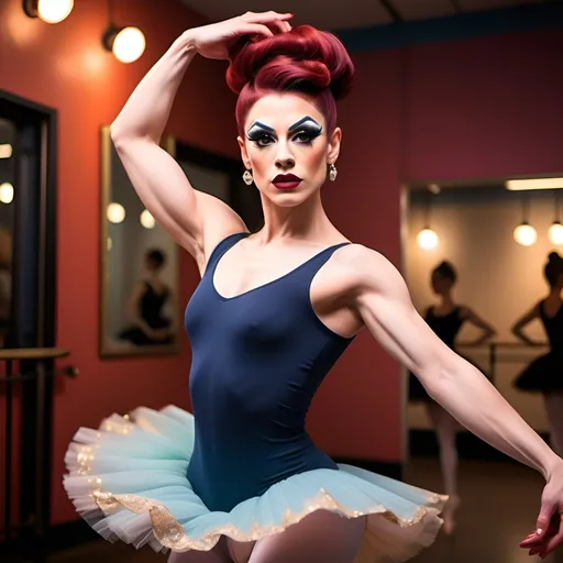 Prompt: (a strong and determined gorgeous drag queen (long updo dark red hair, strong masculine jawline and brow)), ballet pose, focused expression, vibrant background, bright and uplifting colors, warm and optimistic atmosphere, stylish yet modest clothing (long muscular legs), representing hard work and perseverance, soft lighting enhancing emotions, conveying love, high-quality, ultra-detailed, heartwarming scene.